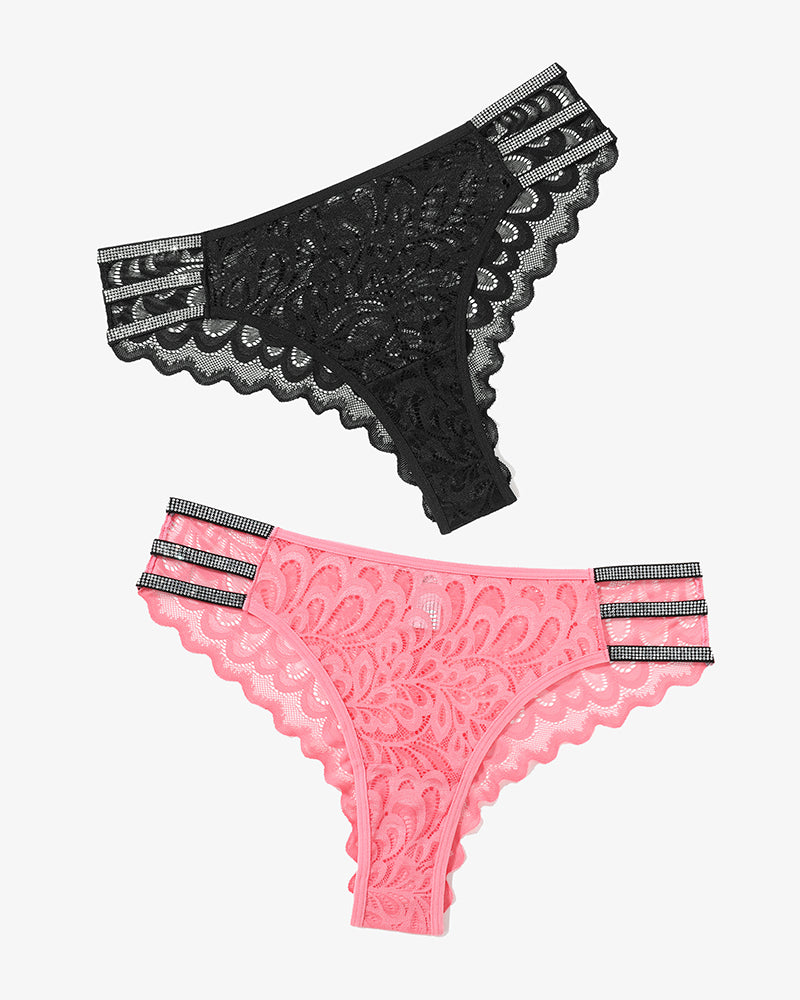 Black and pink lace cheeky panty with rhinestone straps and floral lace. Avidlove lingerie