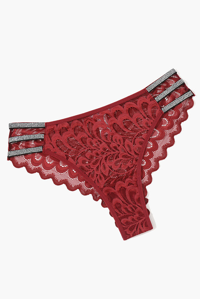 Red lace cheeky panty with rhinestone straps, low-rise waistband, and delicate lace - Avidlove