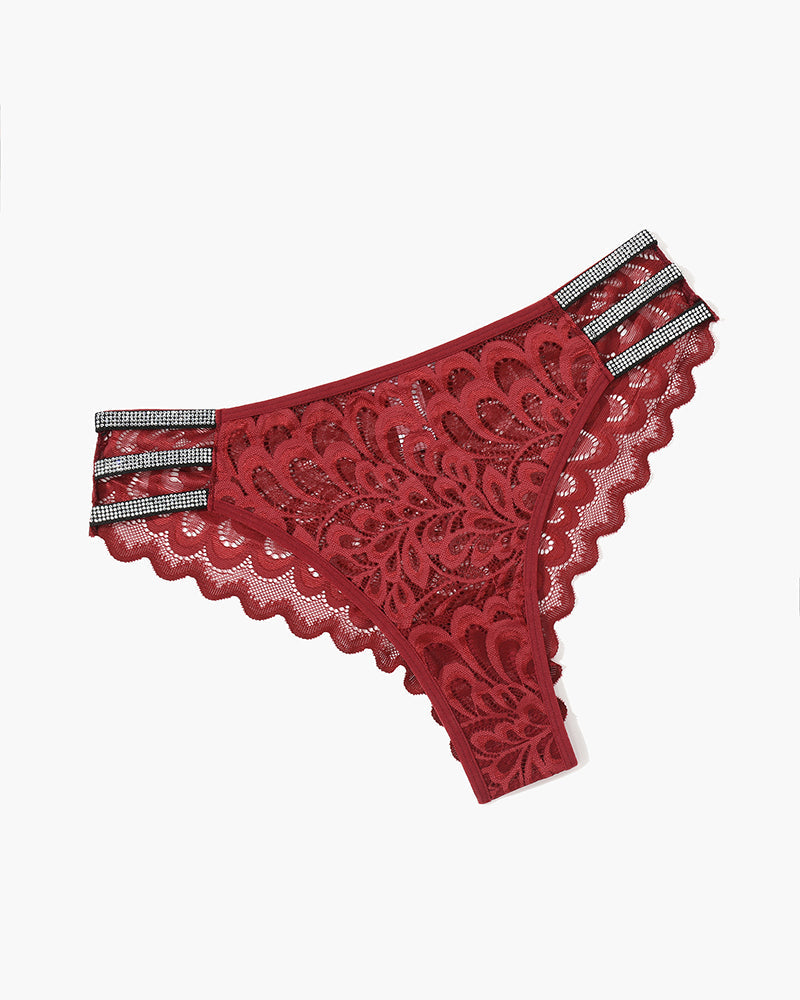 Red lace cheeky panty with rhinestone straps, low-rise waistband, and delicate lace - Avidlove