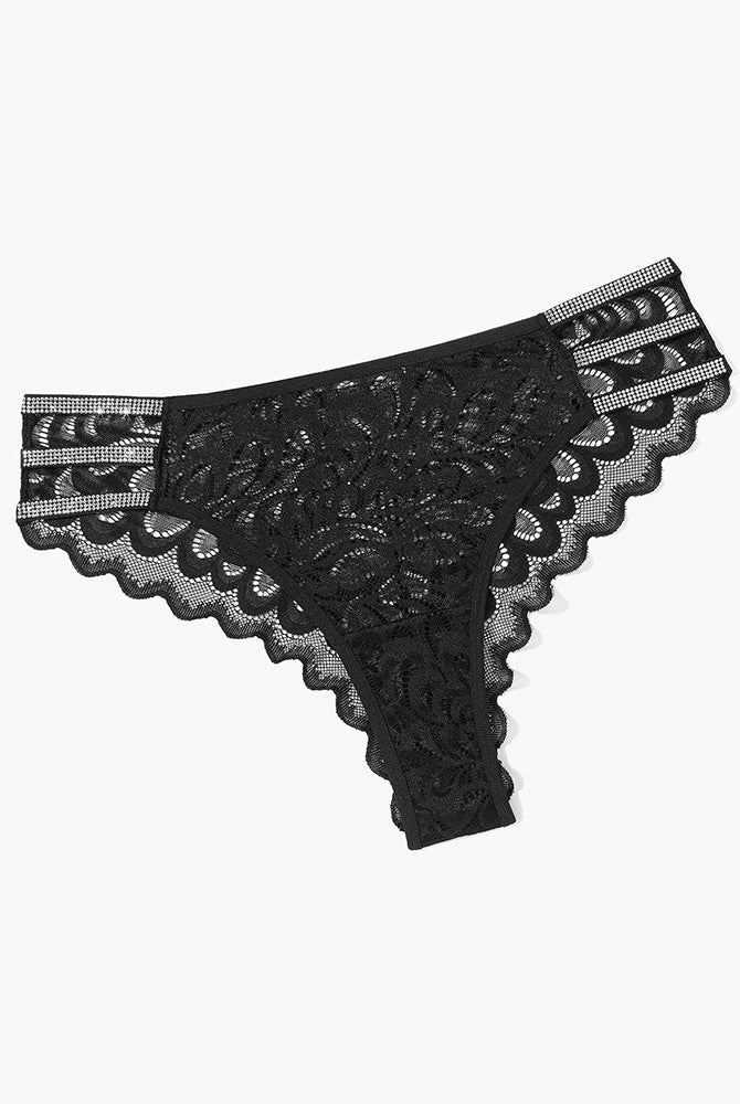 Black lace cheeky panty with rhinestone straps, delicate lace, and low-rise waistband