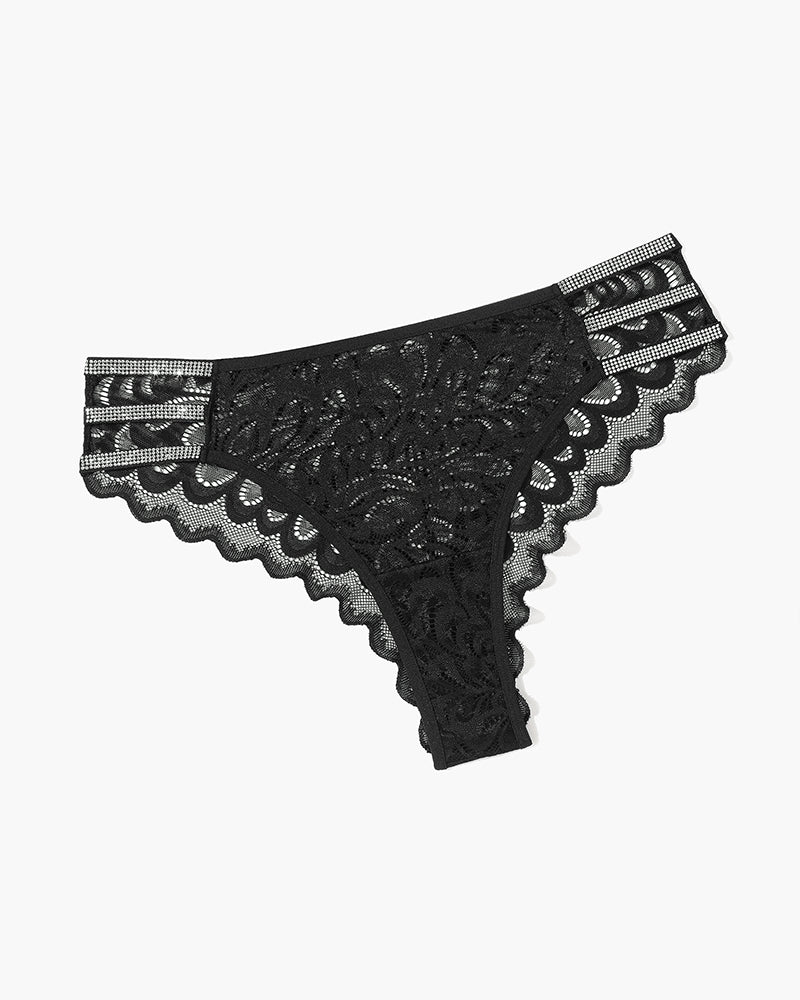 Black lace cheeky panty with rhinestone straps, delicate lace, and low-rise waistband
