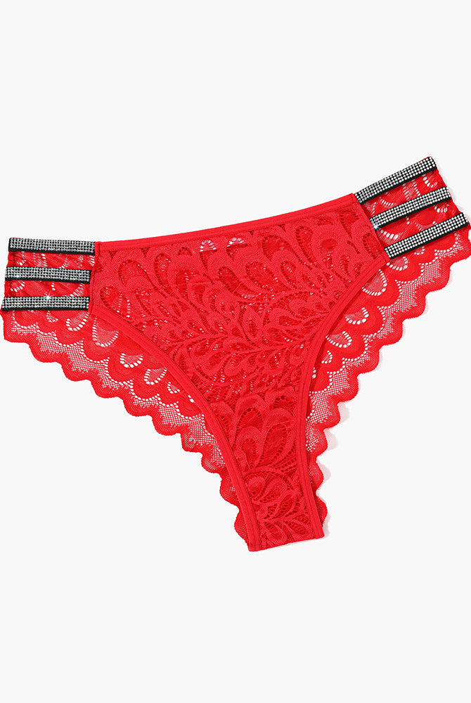 Red lace cheeky underwear with rhinestone straps, elastic waistband - Avidlove