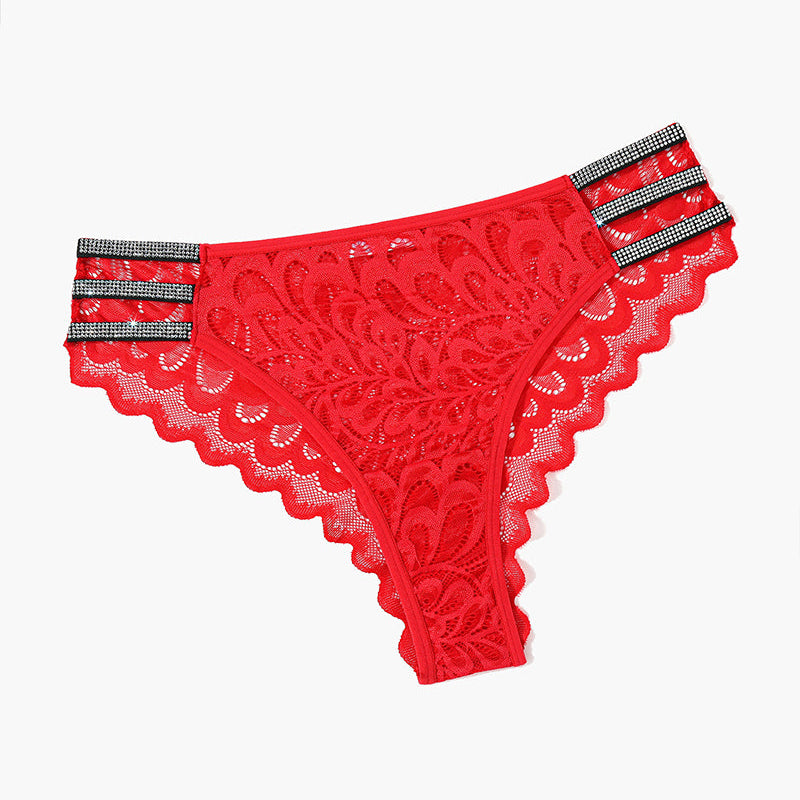 Red lace cheeky underwear with rhinestone straps, elastic waistband - Avidlove