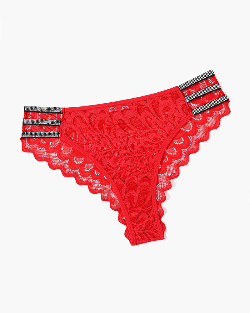 Red lace cheeky underwear with rhinestone straps, elastic waistband - Avidlove