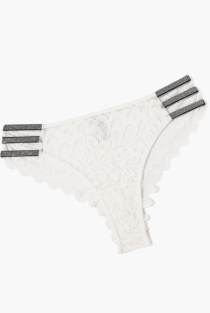 White lace cheeky underwear with rhinestone straps, delicate floral pattern - Avidlove lingerie