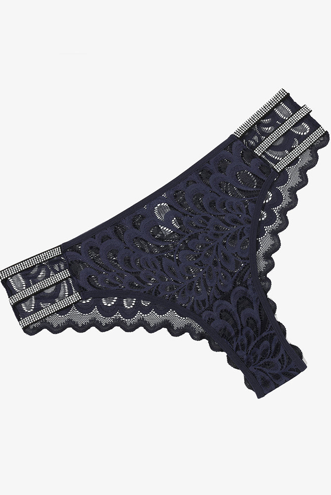 Navy blue lace cheeky underwear with rhinestone straps and low-rise waistband - Avidlove