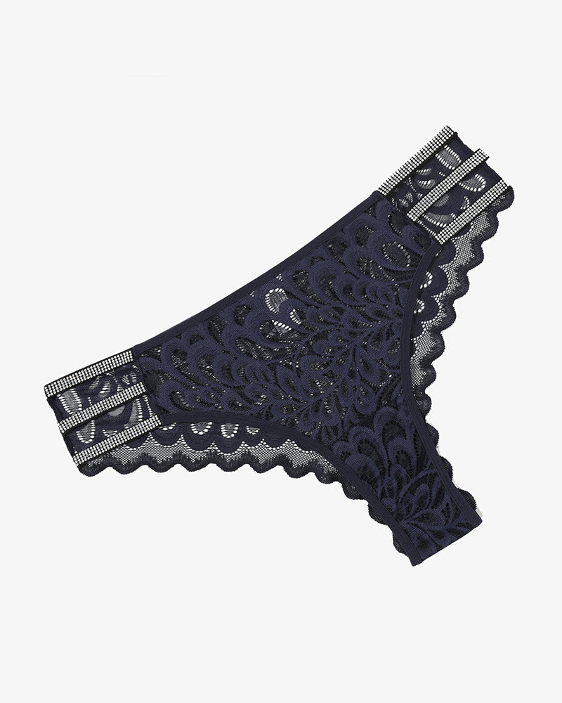 Navy blue lace cheeky underwear with rhinestone straps and low-rise waistband - Avidlove