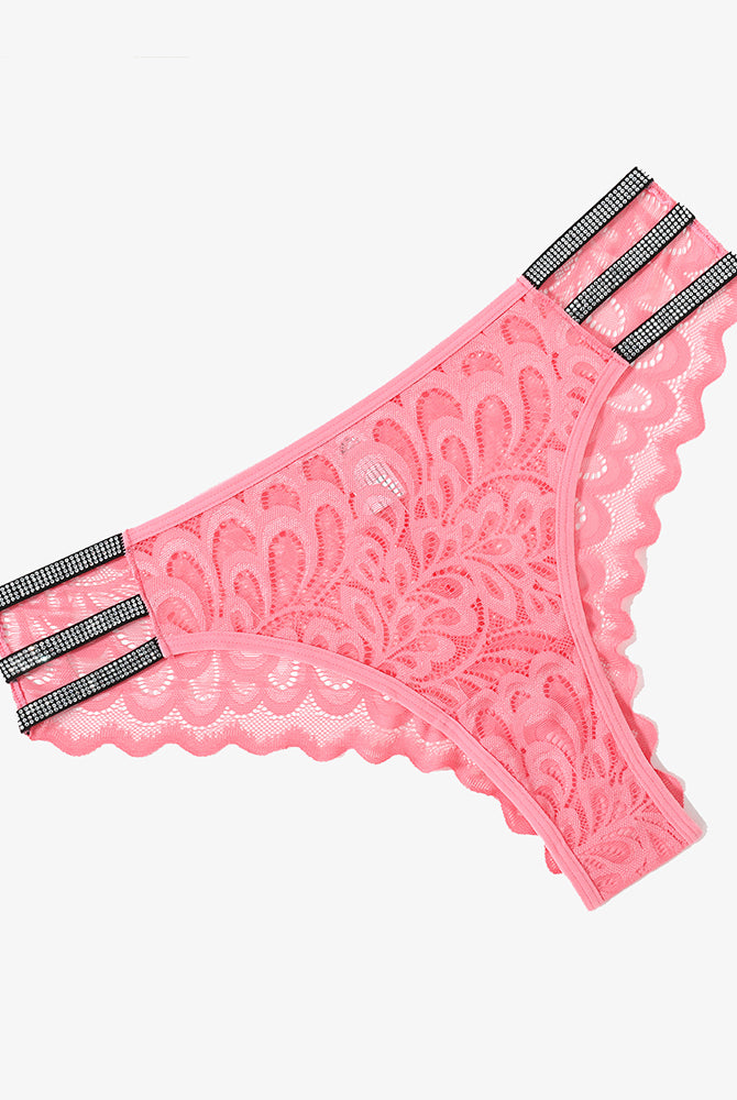 Pink lace cheeky underwear with rhinestone straps and floral lace. Avidlove lingerie.