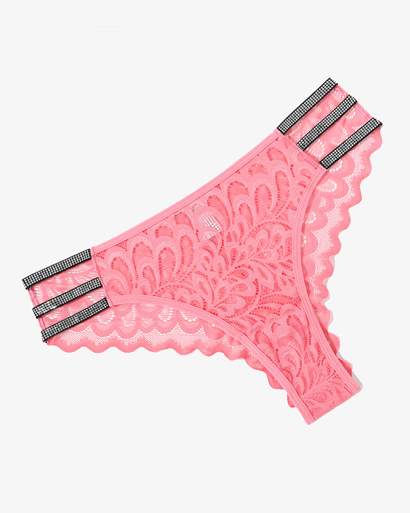 Pink lace cheeky underwear with rhinestone straps and floral lace. Avidlove lingerie.