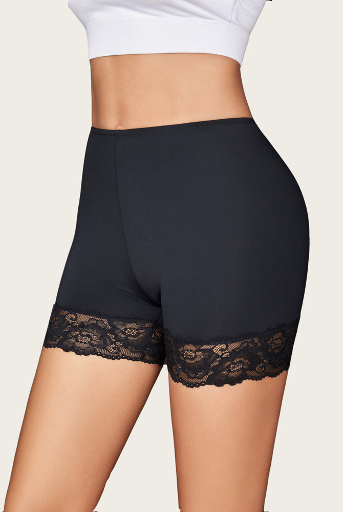 Black under shorts shapewear with lace hemline for dresses, anti-chafing and comfortable