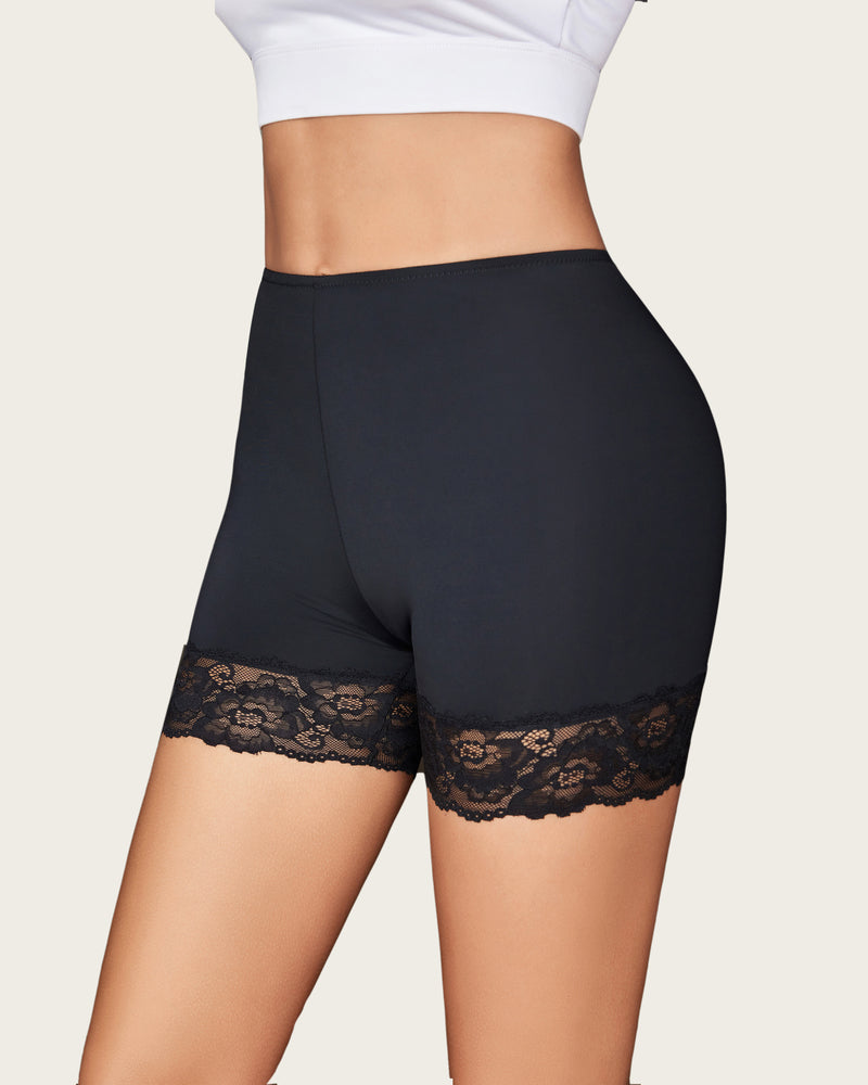 Black under shorts shapewear with lace hemline for dresses, anti-chafing and comfortable