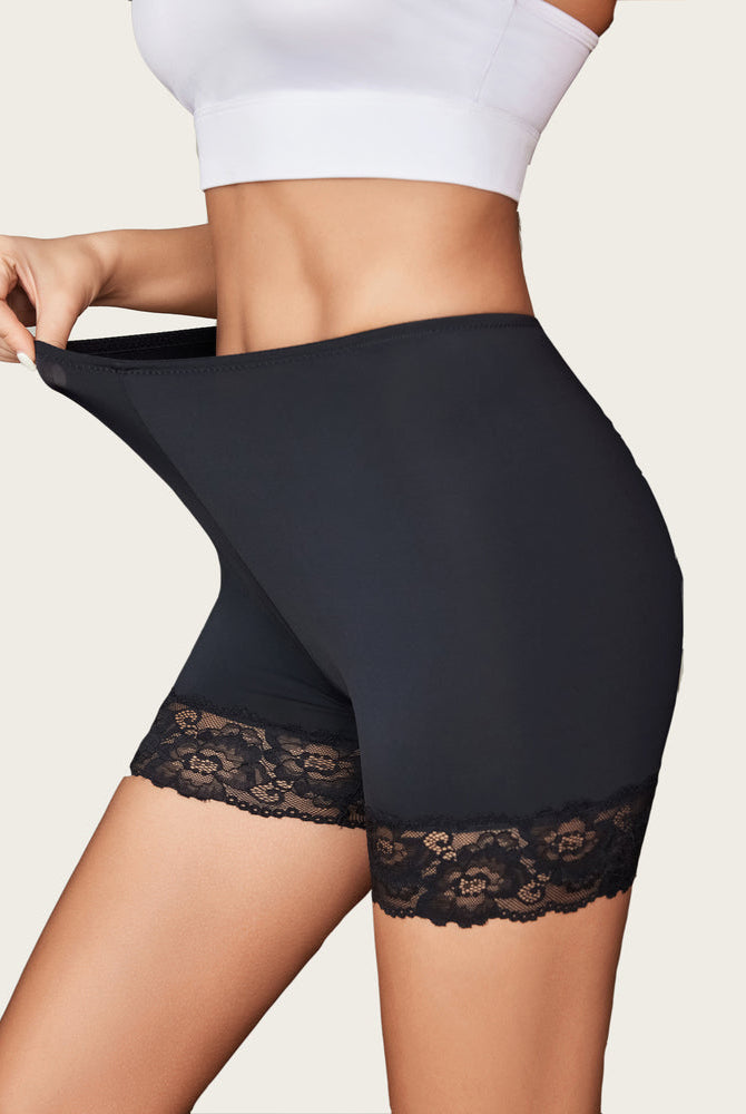 Black under shorts shapewear for dresses with lace hemline, providing anti-chafing and comfort