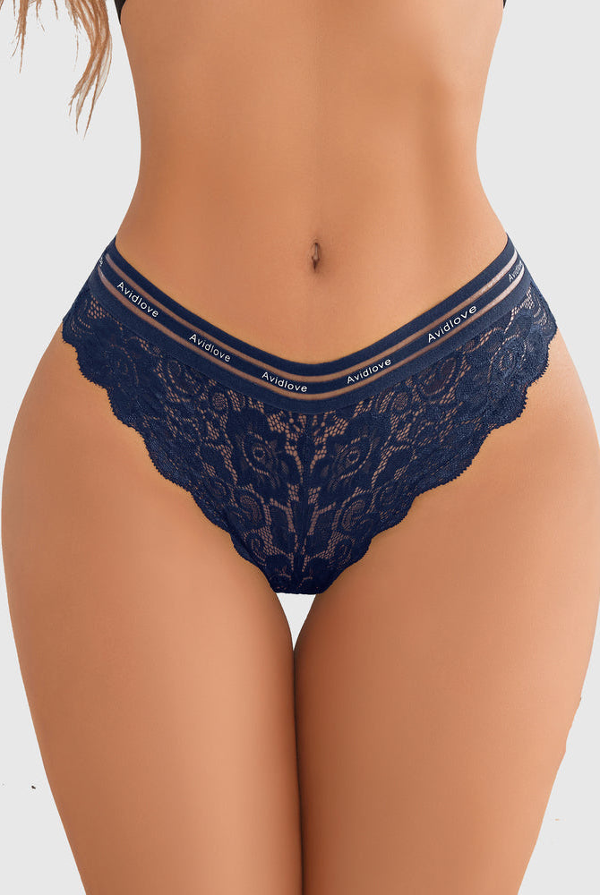 Avidlove dark blue lace hipster panties with floral lace, Avidlove logo on the waistband.