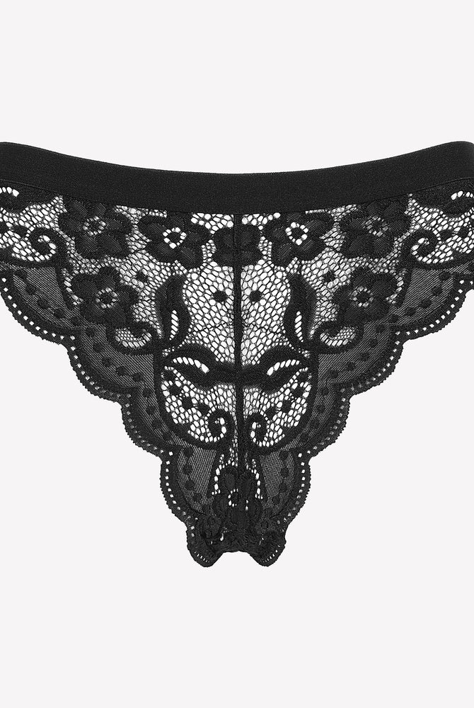 Black lace thong panty with floral lace, low waist, and scalloped edges. Avidlove lingerie.