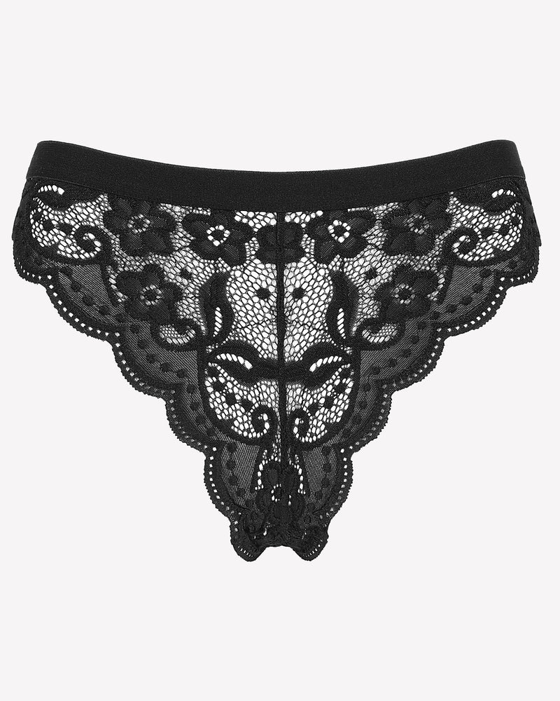 Black lace thong panty with floral lace, low waist, and scalloped edges. Avidlove lingerie.