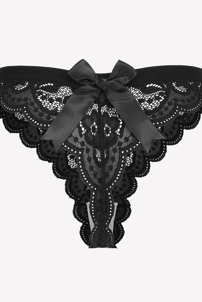 Black lace thong panty with satin bow. Low waist design. Avidlove lingerie for women.