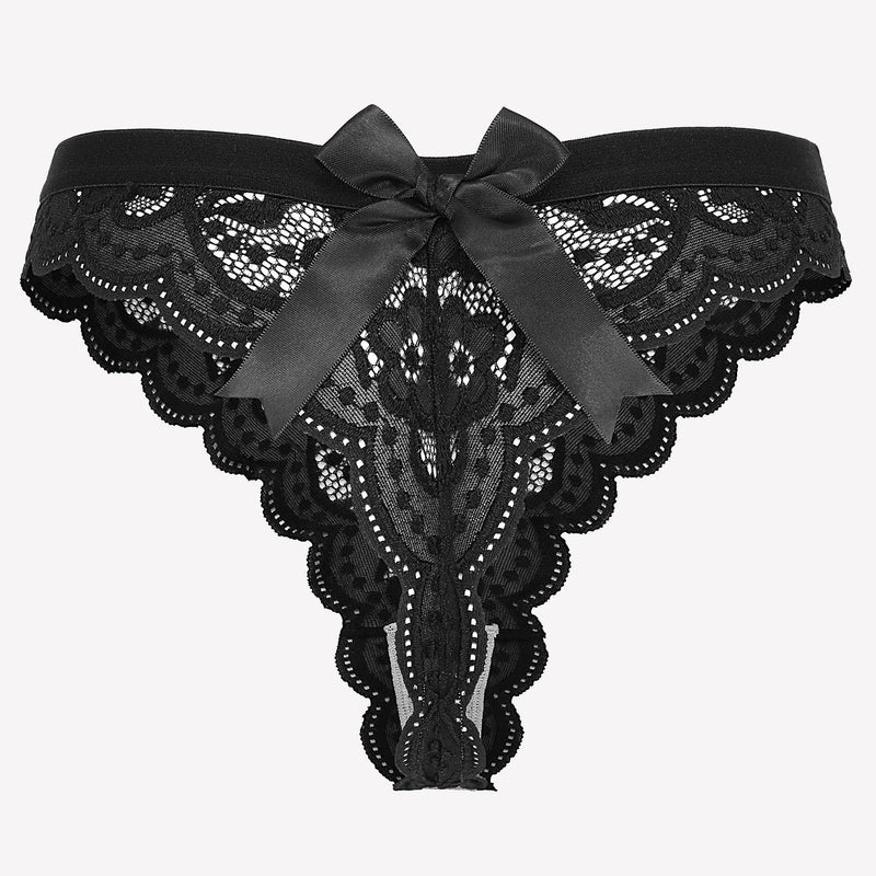 Black lace thong panty with satin bow. Low waist design. Avidlove lingerie for women.
