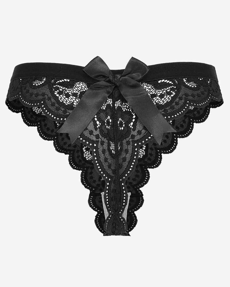 Black lace thong panty with satin bow. Low waist design. Avidlove lingerie for women.