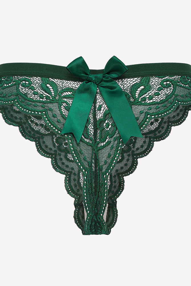 Emerald green lace thong panties with satin bow. Avidlove sexy lingerie for women.