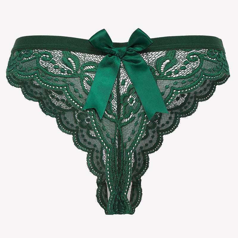 Emerald green lace thong panties with satin bow. Avidlove sexy lingerie for women.