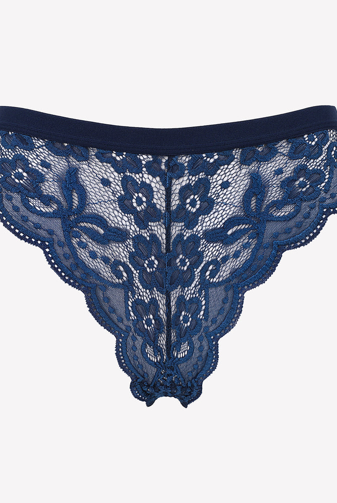 Avidlove dark blue lace thong panties with low waist and floral lace design.