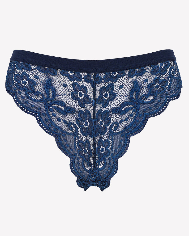 Avidlove dark blue lace thong panties with low waist and floral lace design.