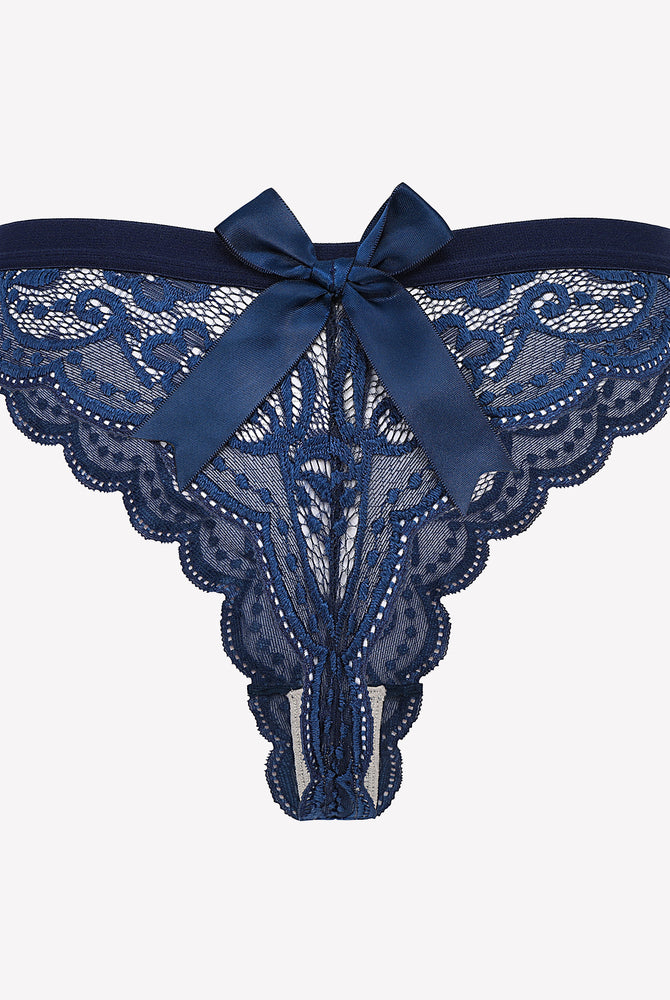 Avidlove dark blue lace thong panties with satin bow. Low waist design, sexy lingerie for women.