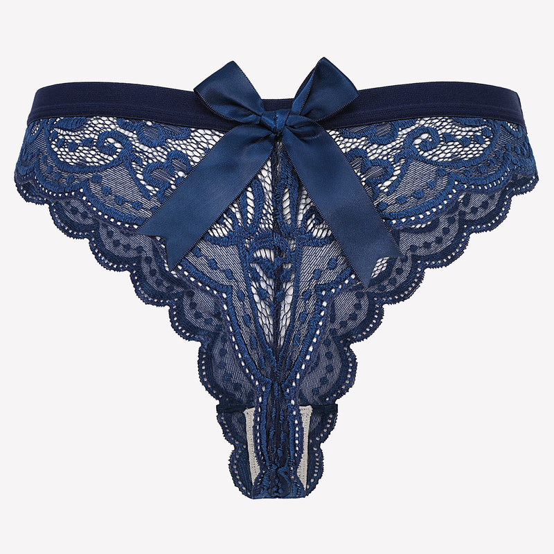 Avidlove dark blue lace thong panties with satin bow. Low waist design, sexy lingerie for women.