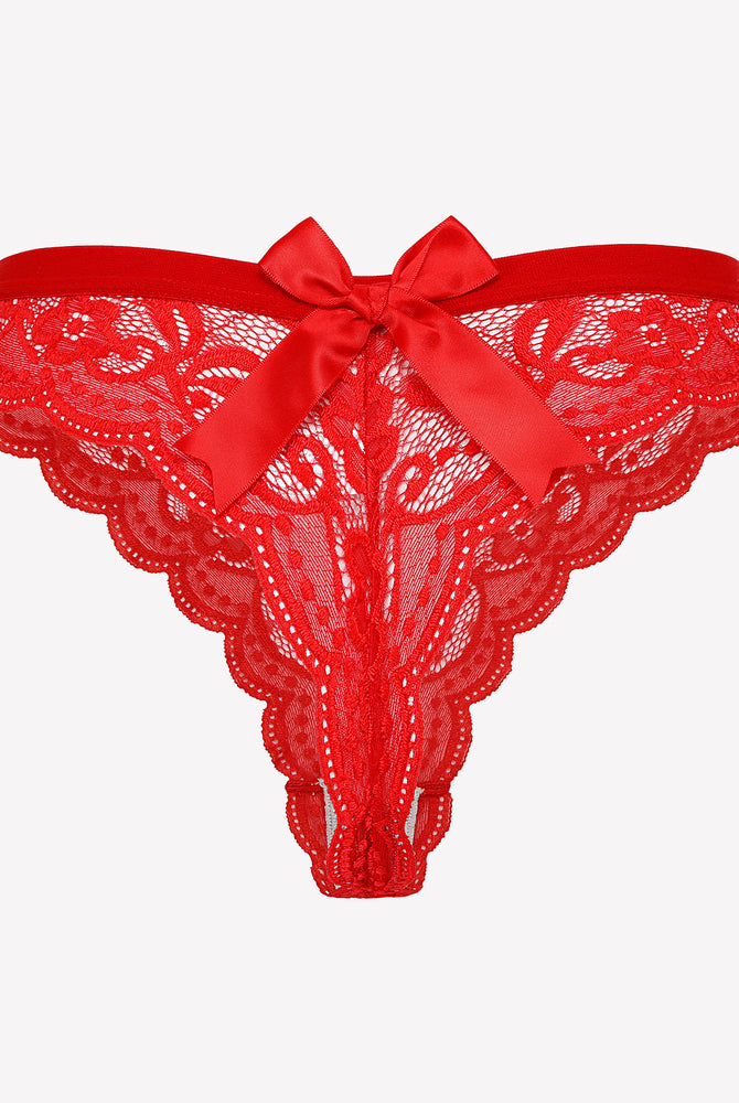 Avidlove red lace thong panties with satin bow. Low-waist, sexy lingerie for women.