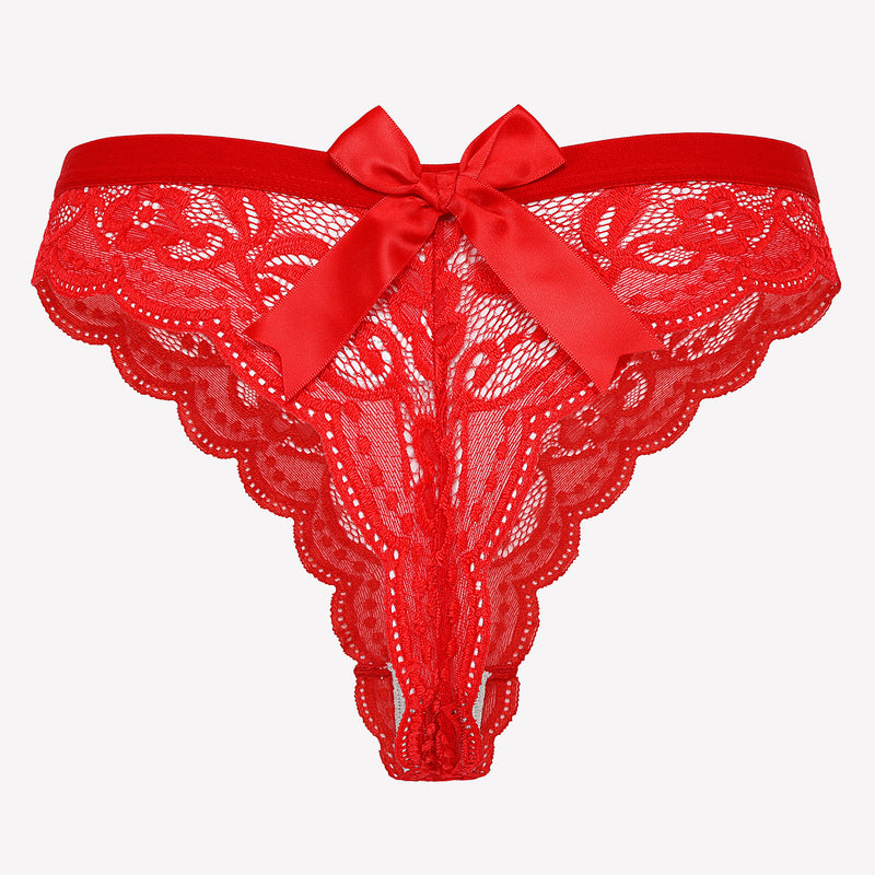 Avidlove red lace thong panties with satin bow. Low-waist, sexy lingerie for women.