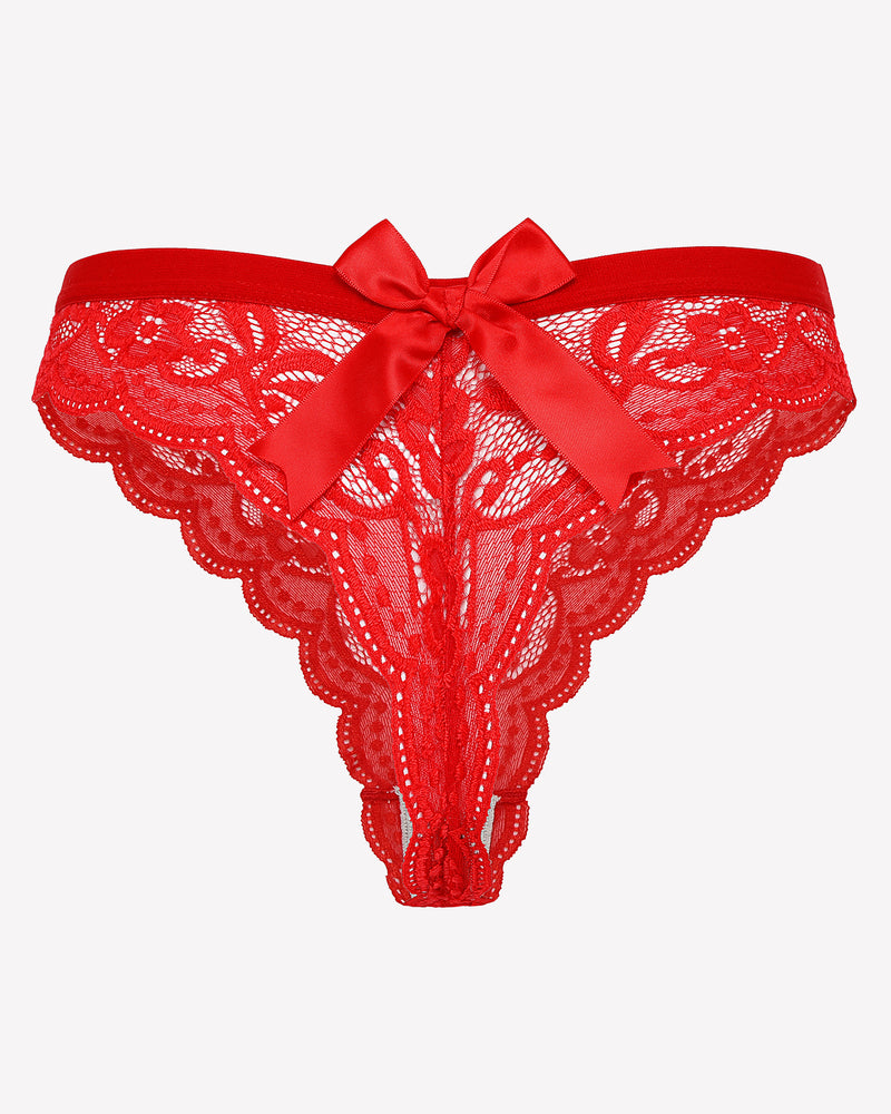 Avidlove red lace thong panties with satin bow. Low-waist, sexy lingerie for women.