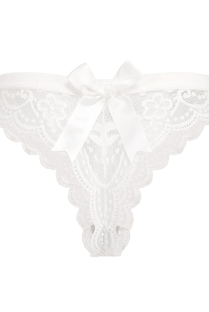 White Avidlove lace thong panties. Low waist with bow and floral lace design. Sexy lingerie.