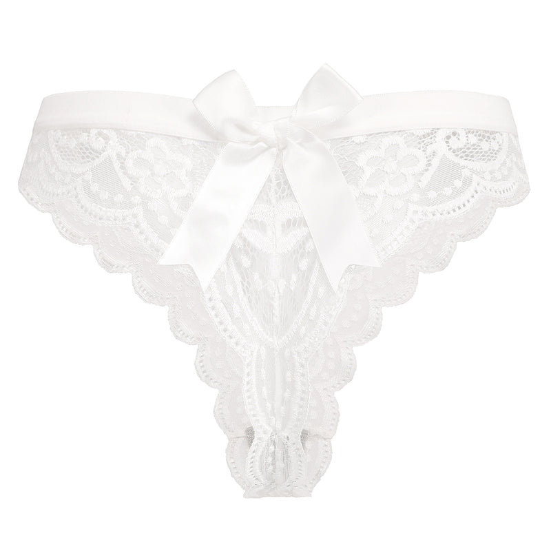 White Avidlove lace thong panties. Low waist with bow and floral lace design. Sexy lingerie.