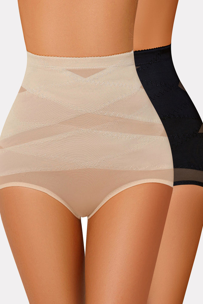 High-waisted tummy control shapewear, beige and black, for tummy flattening and butt shaping