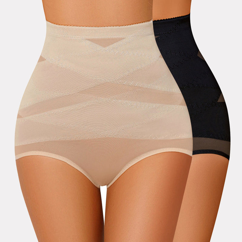 High-waisted tummy control shapewear, beige and black, for tummy flattening and butt shaping
