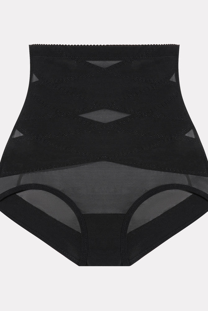 High-waisted black tummy control shapewear, criss-cross design for tummy flattening and butt shaping