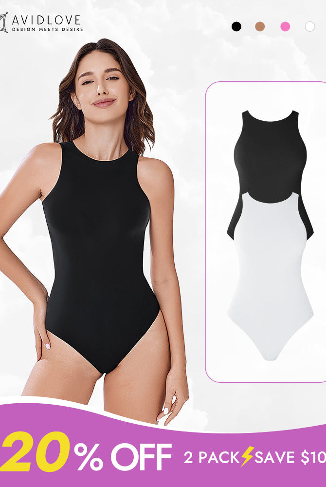Avidlove Double Lined Tank Bodysuit, black shapewear, 2-pack offer, mock neck design, 20% off.