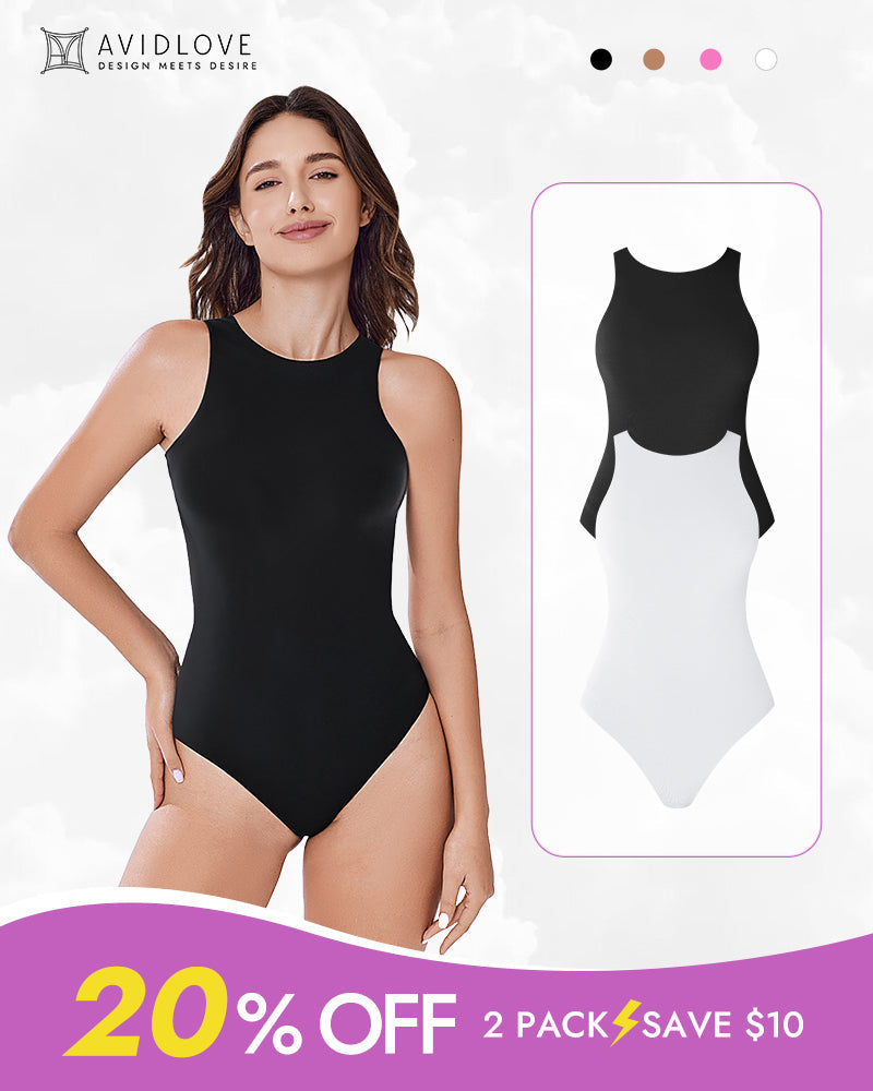 Avidlove Double Lined Tank Bodysuit, black shapewear, 2-pack offer, mock neck design, 20% off.