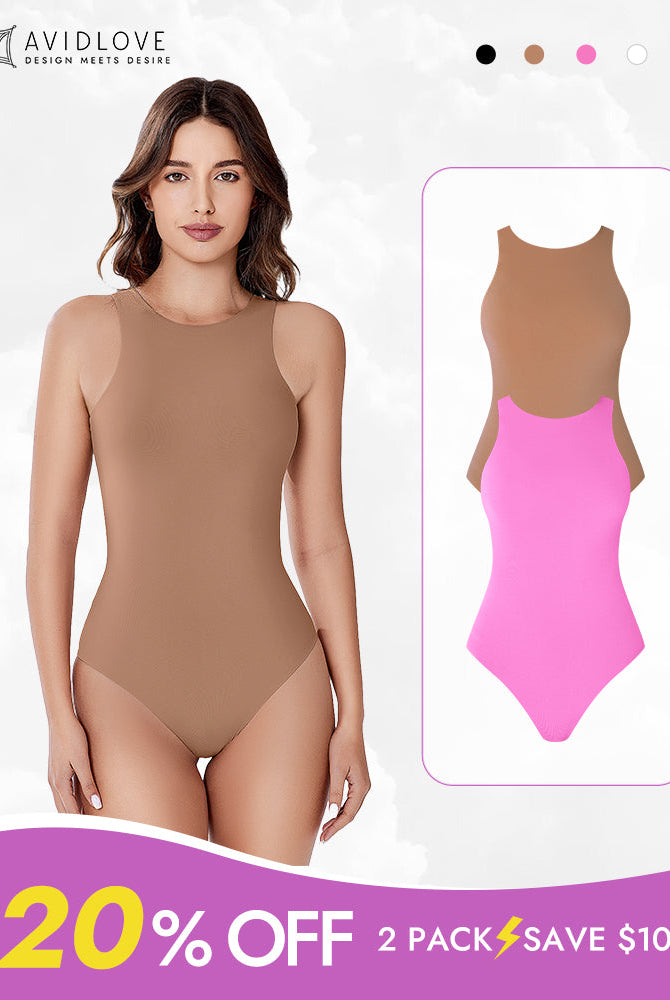 Avidlove double-lined tank bodysuit, 2-pack offer. Mock neck, shapewear design, 20% off.