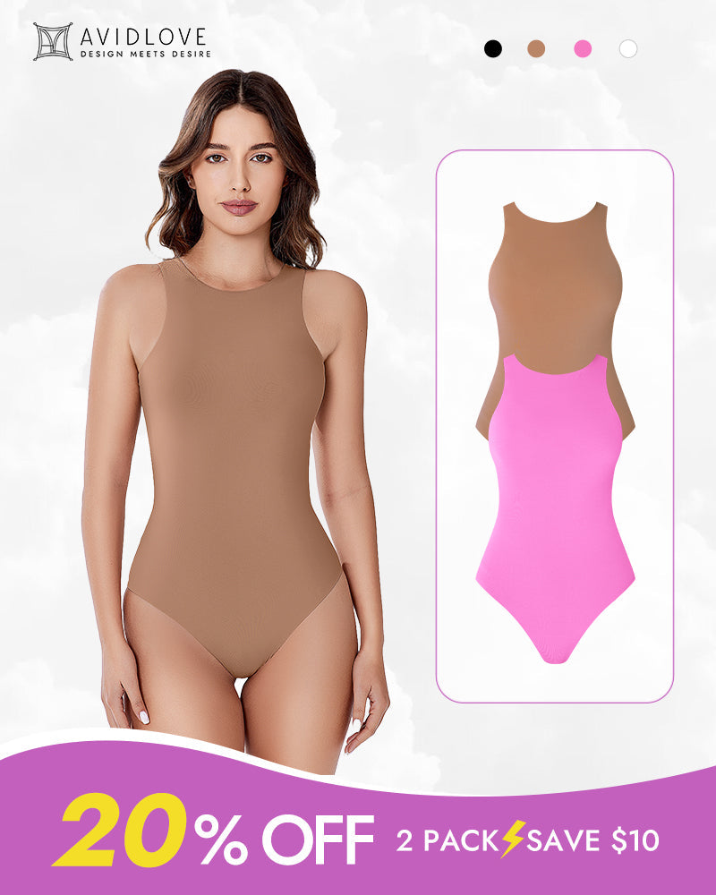 Avidlove double-lined tank bodysuit, 2-pack offer. Mock neck, shapewear design, 20% off.