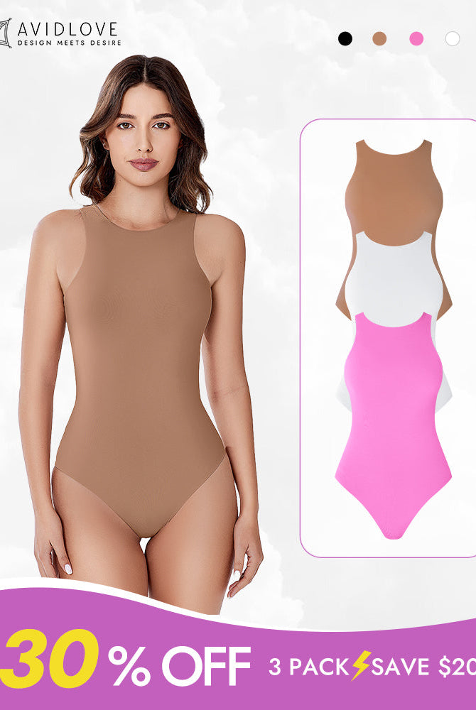 Avidlove 3-pack bodysuit, double-lined shapewear in tan, white, and pink. Discount 30% off.
