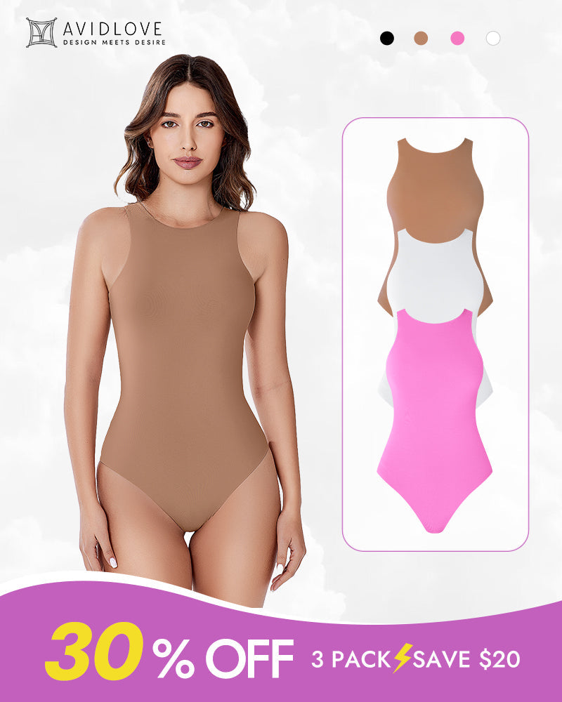 Avidlove 3-pack bodysuit, double-lined shapewear in tan, white, and pink. Discount 30% off.