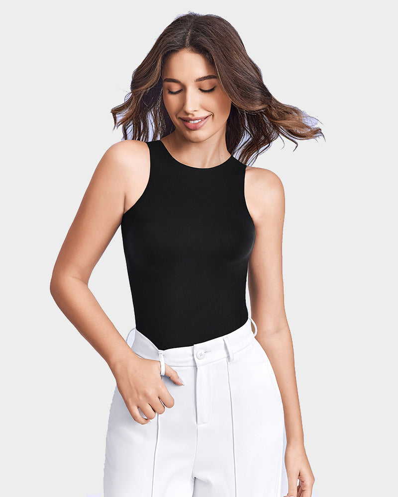 Avidlove black tank bodysuit shapewear, comfortable and breathable, model in white pants