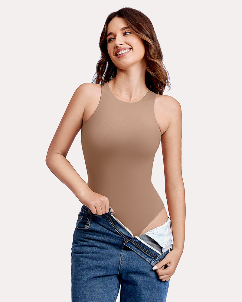 Avidlove beige bodysuit shapewear, comfortable, double-lined with mock neck for a smooth silhouette.