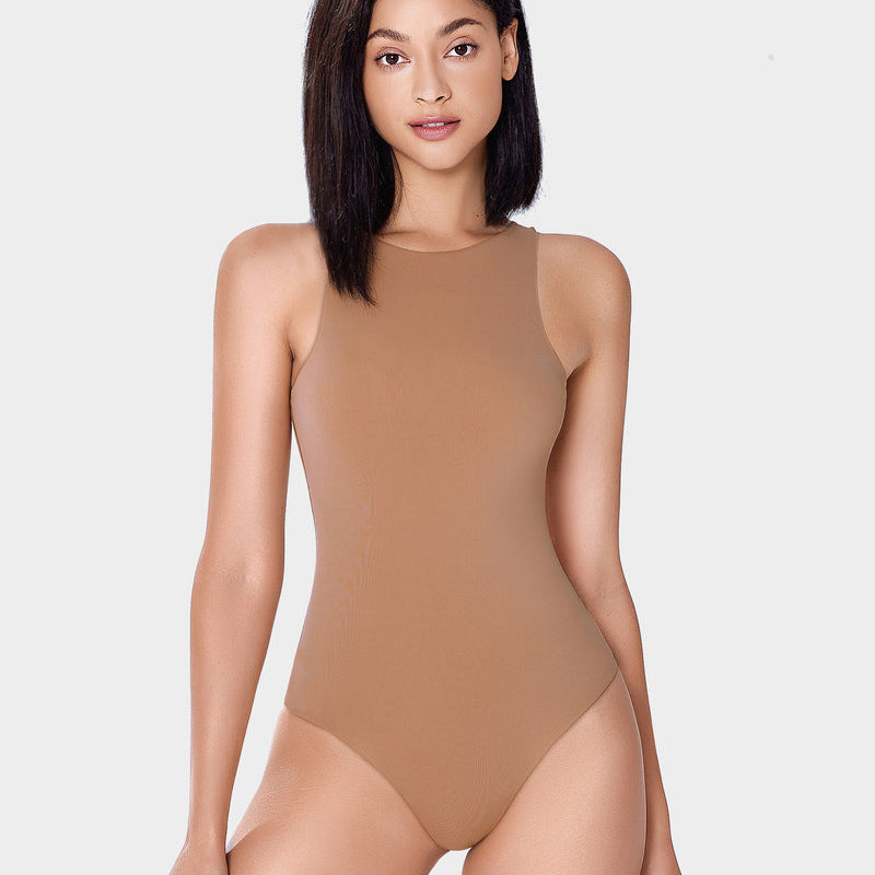 Tan shapewear bodysuit with high neckline, enhancing silhouette, comfortable and breathable.