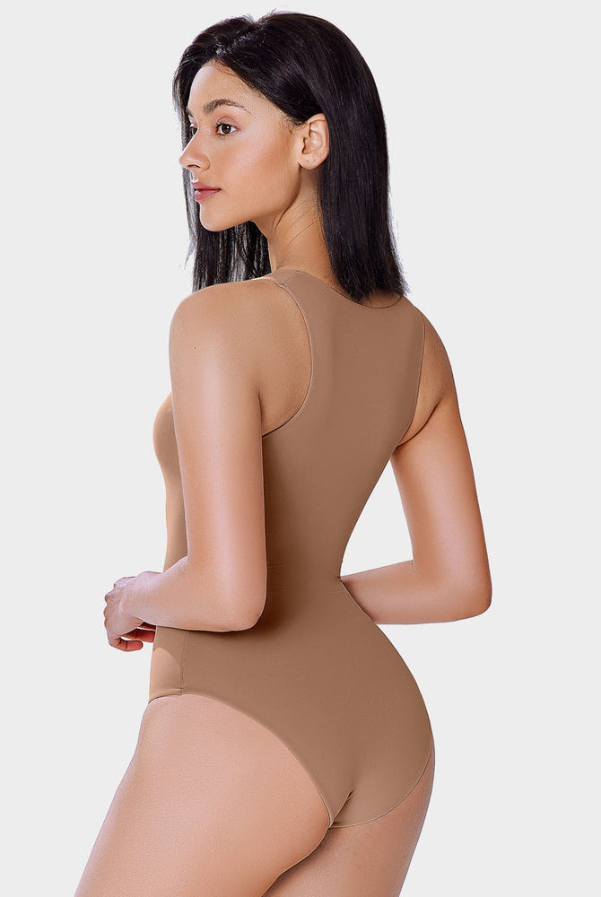 Tan Avidlove double-lined tank bodysuit, shapewear with mock neck, showcasing smooth silhouette.