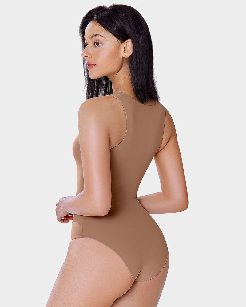 Tan shapewear bodysuit, high neckline, double-lined for comfort and silhouette enhancement.