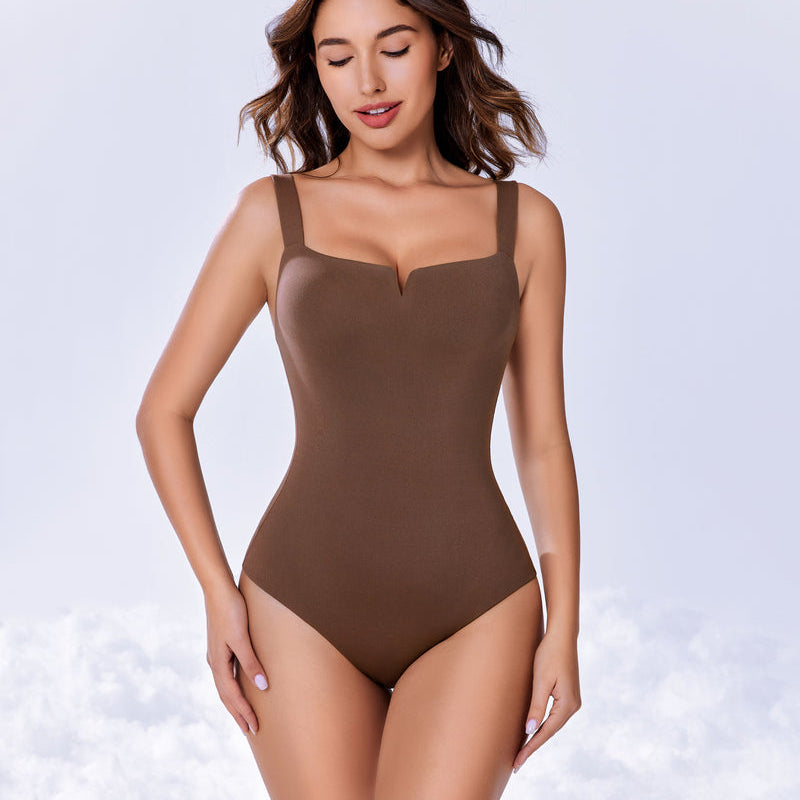 Brown square neck bodysuit shapewear with V-cutout on a model, Avidlove shapewear