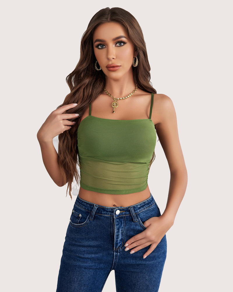 Green mesh tank top with spaghetti straps, showcasing a flattering layered design on a model.
