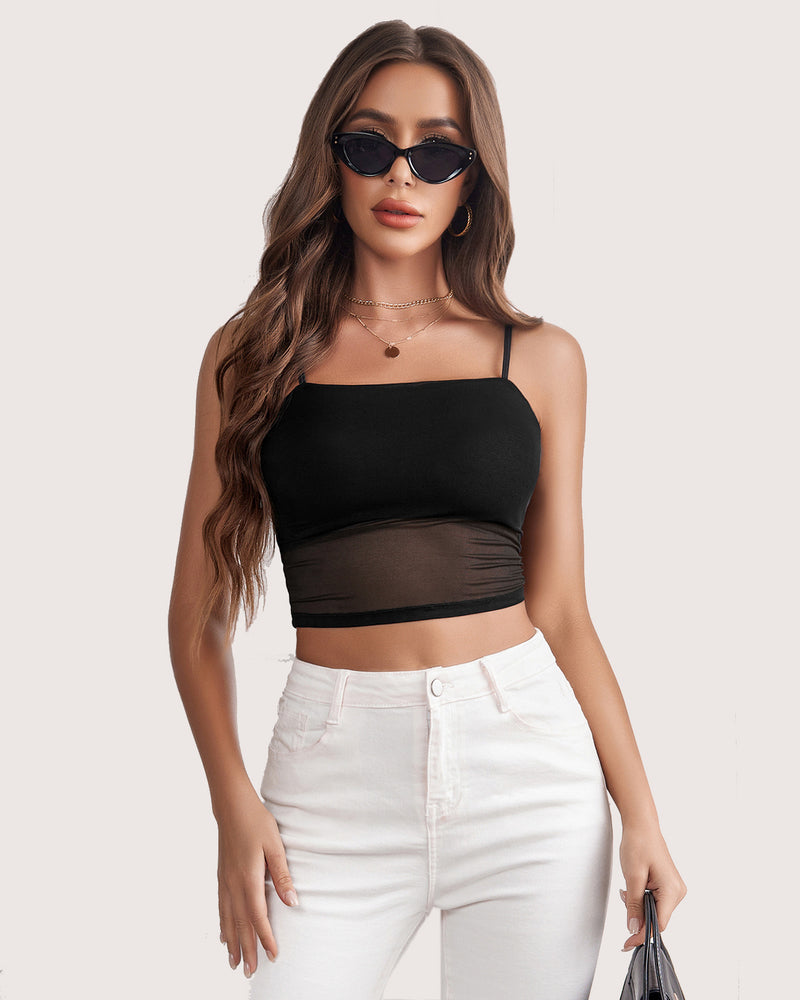 Black mesh spaghetti strap tank top, layered design, paired with white jeans for a flattering fit